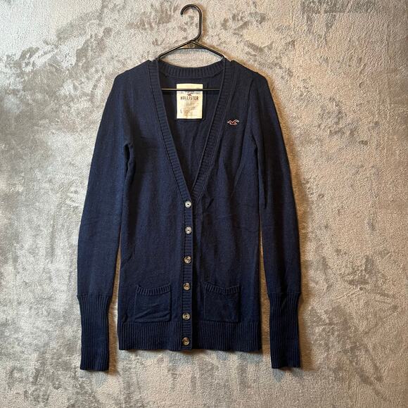 Y2k Hollister Navy Blue Button-Up Cardigan V-Neck Women's Size Large - Picture 1 of 5
